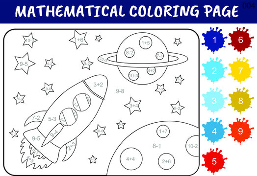 Worksheet with addition and subtraction for children. Developing skills for counting.  Solve examples and paint with  blue and red cartoon rocket in space, among stars and planets in relevant 