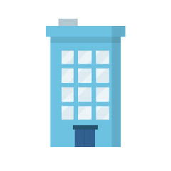 Blue city house. Urban landscape. Hotel Building with window and door. Place to live. Cartoon flat illustration