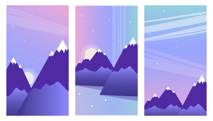 Set vector illustration of the mountains.Northern landscape with Northern lights, flat design.