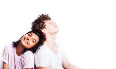 best friends teenage girl and boy together having fun, posing emotional on white background, couple happy smiling, lifestyle people concept, blond and brunette multi nations