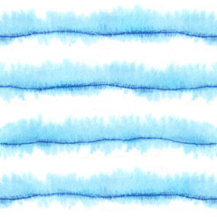 Abstract marine background. Blue stripes watercolor seamless pattern.  Turquoise blue lines ornament. Isolated on white backdrop. For design textile, wallpaper, print.