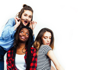 diverse multi nation girls group, teenage friends company cheerful having fun, happy smiling, cute posing isolated on white background, lifestyle people concept, african-american and caucasian