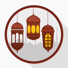 ramadan kareem poster with lanterns hanging vector illustration design