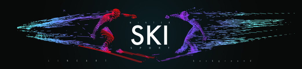 Art concept of a skiing man. Vector drawn by color lines. Minimal cover design. Creative ski line-art. Vector template brochures, flyers, presentations, logo, print, leaflet, banners.