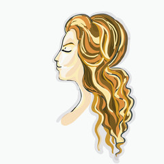 female head profile with closed eyes and yellow brown long hear on a white background