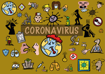 Fototapeta na wymiar A set of 40 color hand drawn doodle vector icons relating to Covid-19 or Coronavirus