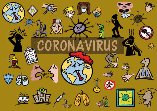 A set of 40 color hand drawn doodle vector icons relating to Covid-19 or Coronavirus