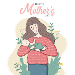 Vector Illustration Of Mother and Baby. Happy Mother`s Day Greeting Card concept