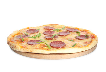 Tasty pepperoni pizza with arugula isolated on white