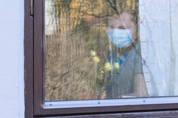A man near the window looking at blooming rose.