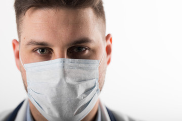 European doctor with stethoscope and mask check patient blood test