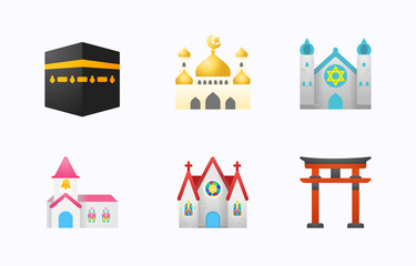 Kaaba, Mosque, Church, Synagogue, Shinto Shrine Isolated Realistic Vector Icon. Religions Illustration Emoji, Emoticon, Ramadan Kareem Icon