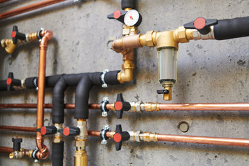 Plumbing service. copper pipeline of a heating system in boiler room