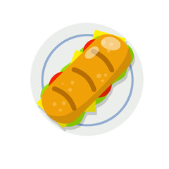 Sandwich and Long burger with meat and vegetables. Cartoon flat illustration. Ciabatta bread. Street food and fast food element