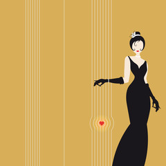Cute girl on yellow background, fashion silhouette of an woman in a long black dress and heart - 337829354