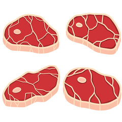 Piece of raw meat. Fresh red food with streaks and fat. Element of kitchen, grill, BBQ, steak and delicious meal. Cartoon illustration. Cut off half beef piece