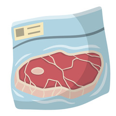 Packaging of frozen red meat. ham in bag. Cartoon flat illustration. Set of supermarket products. Cold object