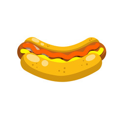 Hot dog. Bread, sausage, ketchup. Icon Harmful diet. Delicious Bun. Fast junk food. Cartoon flat illustration