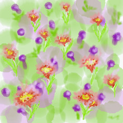 background green field background withorange and purple flowers