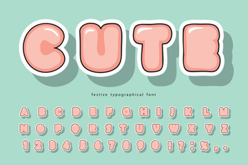 Cute bubble font with funny smiling faces. Cartoon alphabet. For birthday, baby shower, greeting cards, party invitation, kids design. Vector
