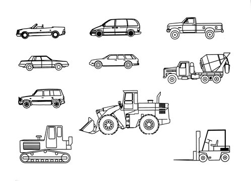 Graphics. 5 cars, tractor, bulldozer, loader, concrete mixer