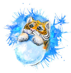Beautiful watercolor drawing of a little sad tiger cub with a snowball in its paws and huge eyes