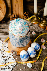 Easter, Easter cake on a dark background with a complex composition, beautiful scenery, rustic style. Orthodox Easter