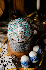 Easter, Easter cake on a dark background with a complex composition, beautiful scenery, rustic style. Orthodox Easter