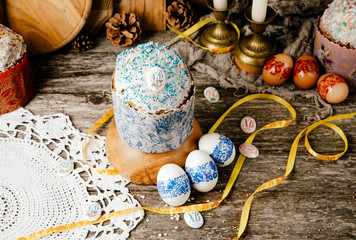 Easter, Easter cake on a dark background with a complex composition, beautiful scenery, rustic style. Cotolic easter