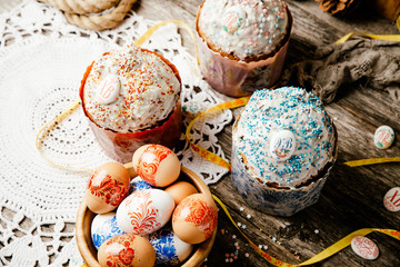 Easter, Easter cake on a dark background with a complex composition, beautiful scenery, rustic style. Orthodox Easter