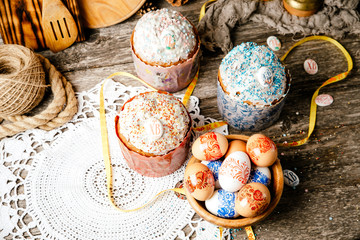 Easter, Easter cake on a dark background with a complex composition, beautiful scenery, rustic style. Cotolic easter
