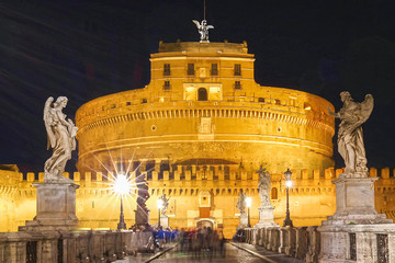 Fototapeta na wymiar The Saint Angel Castle and bridge at night , Rome, Italy