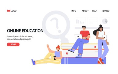 Online education concept for banner and website. Landing page template. Young students stand near large books and hold laptops and smartphones. Flat style vector illustration.