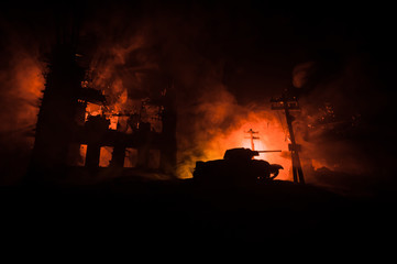 War Concept. Military silhouettes fighting scene on war fog sky background, World War Soldiers...