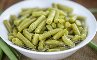 Canned Green Beans (close-up shot; selective focus)