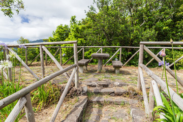 A wooden fence on the viewing point in the mountains of Madeira, Portugal