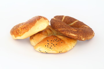 Turkish bagels. ( Simit,pogaca and acma ) on white background