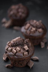 Some Chocolate Muffins (close-up shot; selective focus)