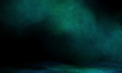 Fototapeta premium Dark street, wet asphalt, reflections of rays in the water. Abstract dark blue background, smoke, smog. Empty dark scene, neon light, spotlights. Concrete floor