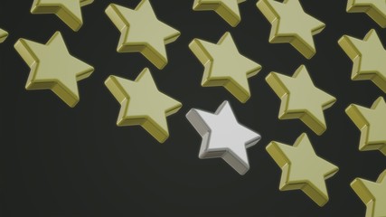 3d image silver star among gold stars on a black background. Holiday card. Banner in the star style. Strategy stand out.