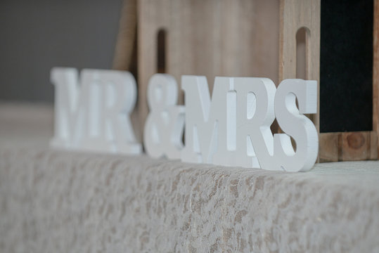 White Mr & Mrs. block letters at wedding recetion