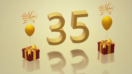3d image Birthday. 35 years. Gifts and balls. 35th anniversary card.
