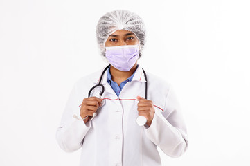 Portrait of an Indian doctor. Woman in a mask with a stendoscope