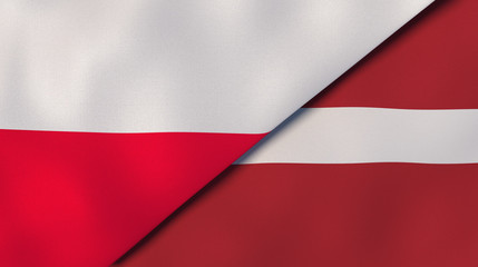 The flags of Poland and Latvia. News, reportage, business background. 3d illustration
