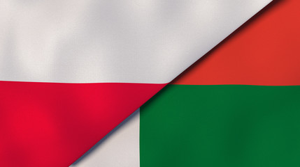 The flags of Poland and Madagascar. News, reportage, business background. 3d illustration