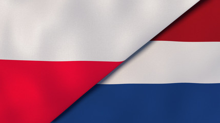 The flags of Poland and Netherlands. News, reportage, business background. 3d illustration