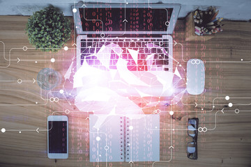 Multi exposure of brain sketch hologram over topview work table background with computer. Concept...