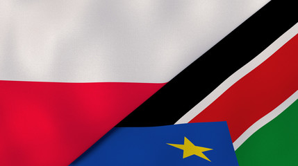 The flags of Poland and South Sudan. News, reportage, business background. 3d illustration