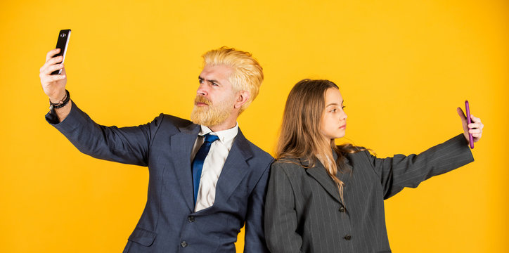 We Did It. Successful Team Make Selfie. Entrepreneurship. Business Discussion. Businessman Speak On Phone With Small Girl. Bearded Dad Dyed Hair. Kid Oversized Jacket. Business People Using Devices