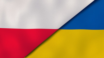 The flags of Poland and Ukraine. News, reportage, business background. 3d illustration